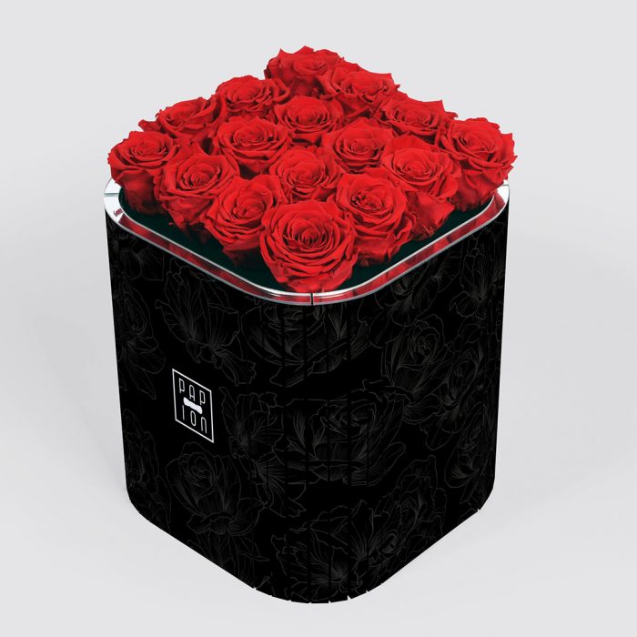 grand luxury nero nero con 16 rose rosse stabilizzate