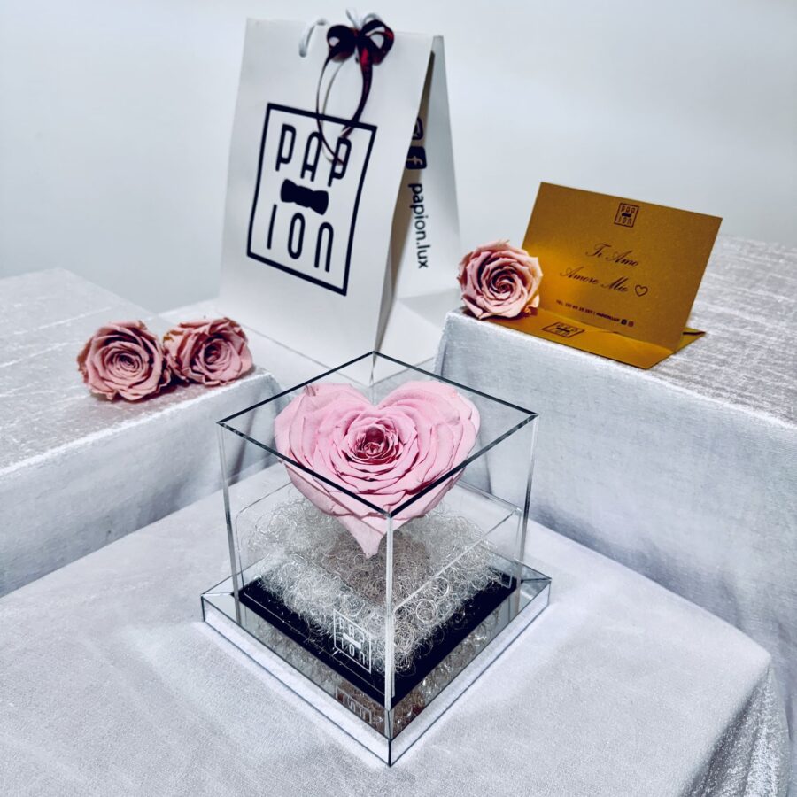 love flowerbox in plexiglass con una rosa rosa a forma di cuore gigante stabilizzata