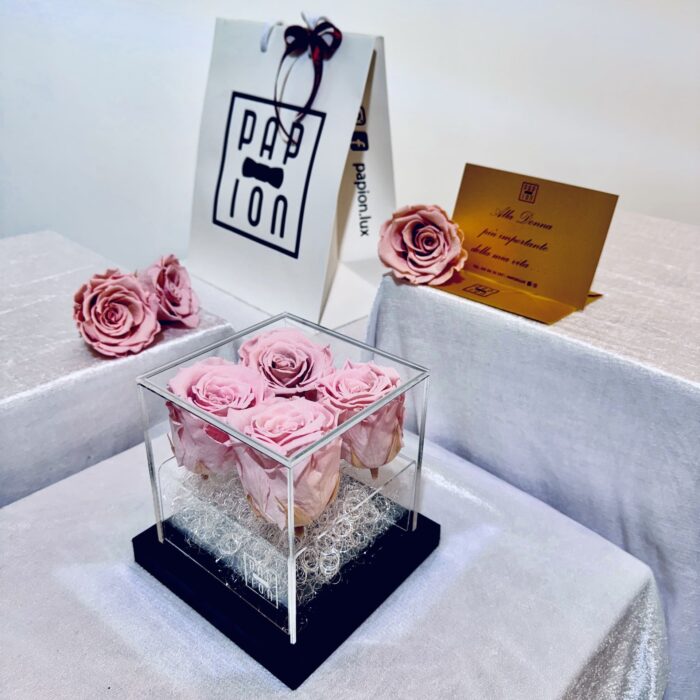 deluxe flowerbox in plexiglass con quattro rose rosa stabilizzate