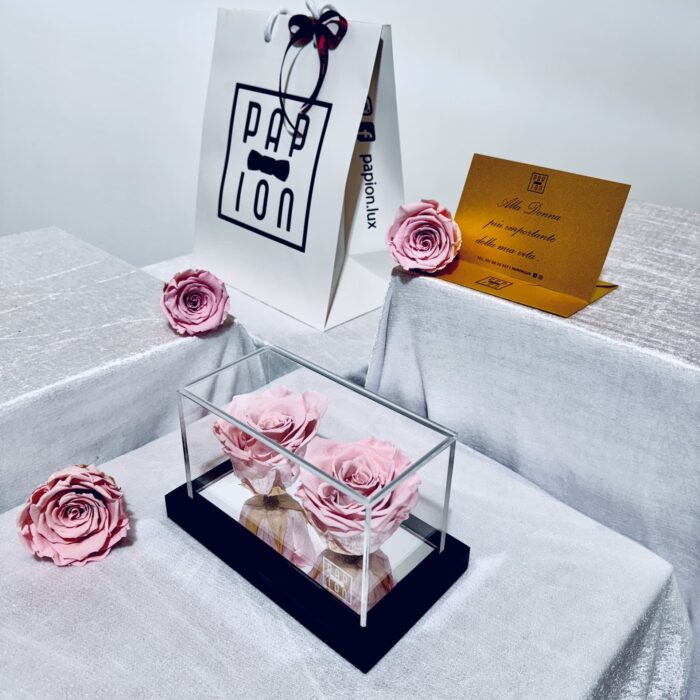 double flowerbox in plexiglass con due rose rosa stabilizzate