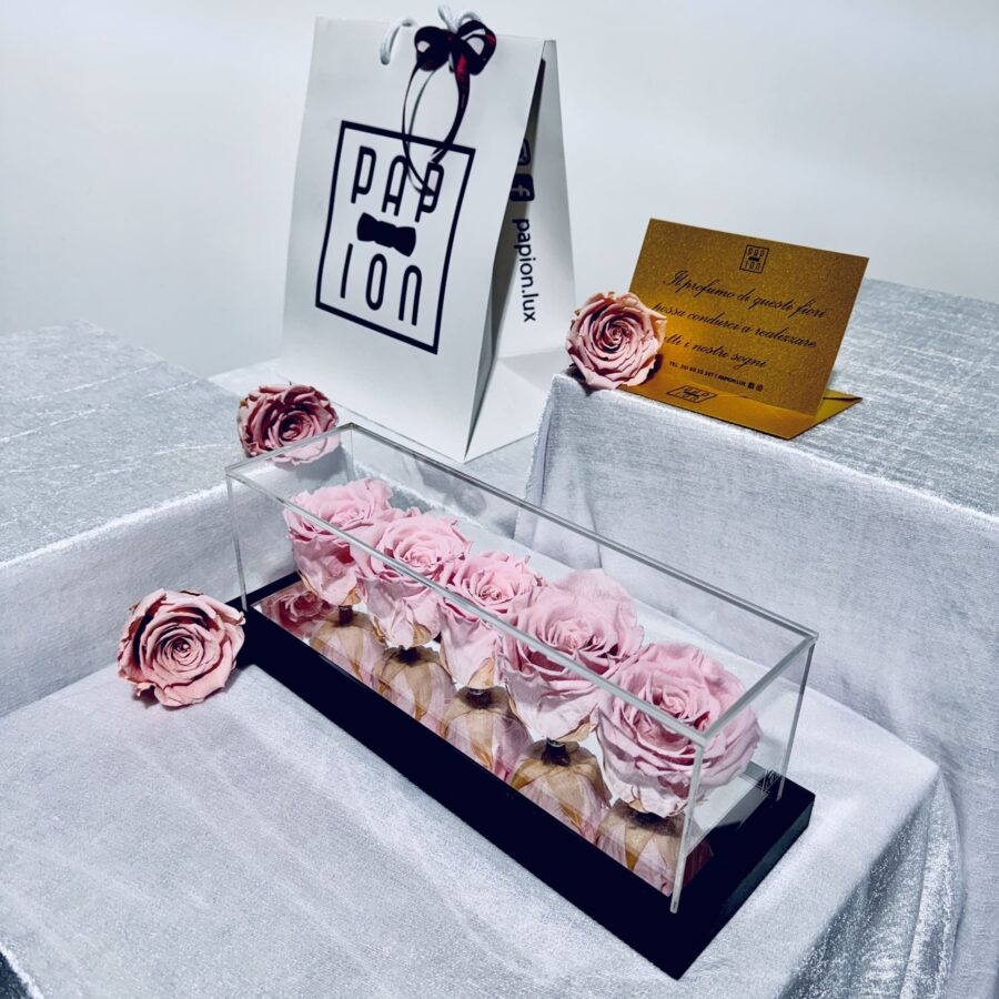 five roses flowerbox in plexiglass con cinque rose rosa stabilizzate