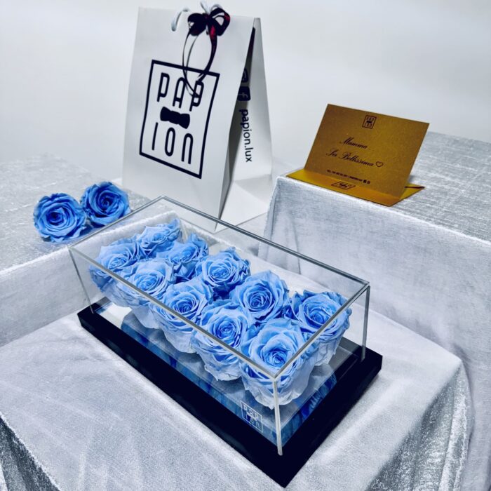 supreme flowerbox in plexiglass con dieci rose celesti stabilizzate