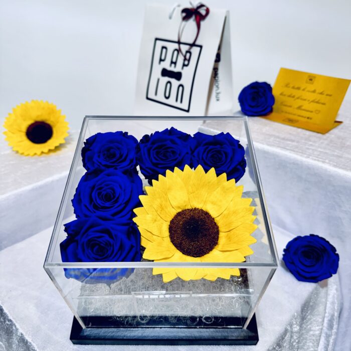 luxury flowerbox in plexiglass con cinque rose blu stabilizzate e un girasole stabilizzato