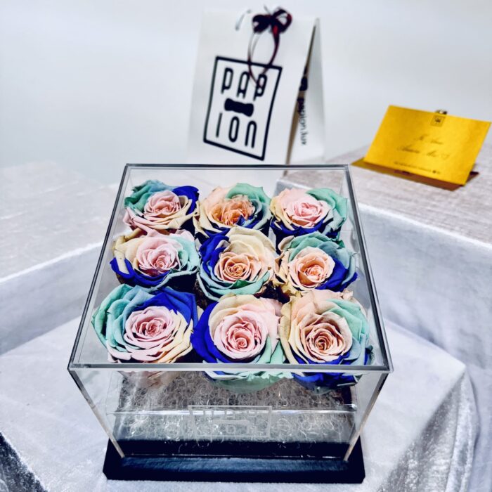 luxury flowerbox in plexiglass con nove rose arcobaleno pastello stabilizzate