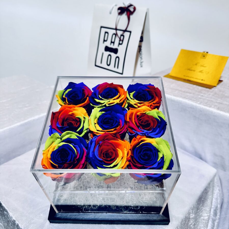 luxury flowerbox in plexiglass con nove rose arcobaleno vivace stabilizzate