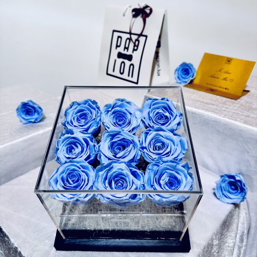 luxury flowerbox in plexiglass con nove rose celesti stabilizzate