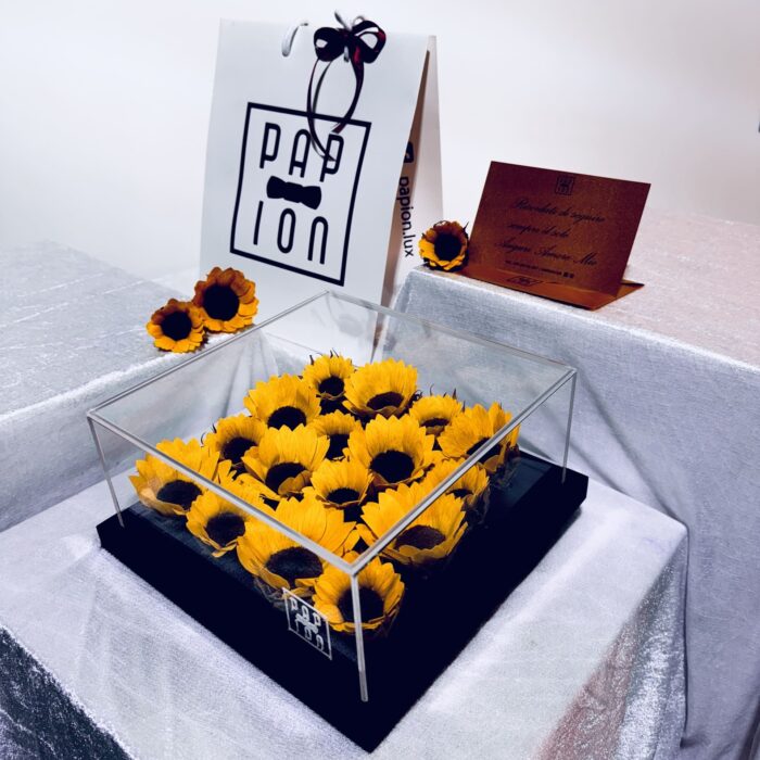 sunflower flowerbox in plexiglass con sedici girasoli stabilizzati