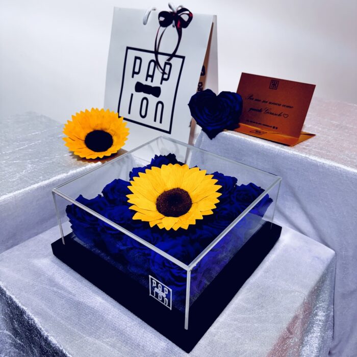 infinity flowerbox in plexiglass con dodici rose blu stabilizzate e un girasole gigante stabilizzato